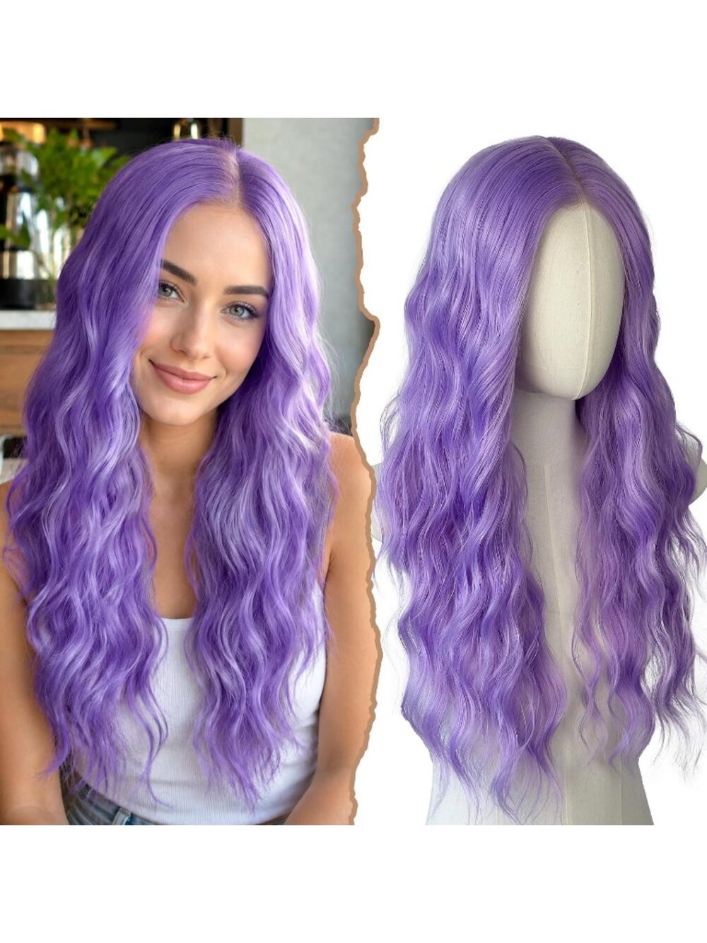 Women's Light Purple 26 Inch Long Synthetic Middle Part Lace Front Wavy Wig